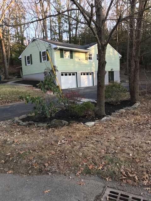 a front view of a house with a yard and large tree