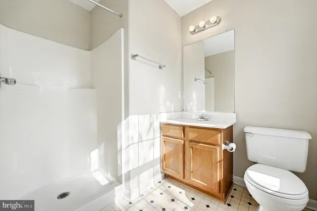 a bathroom with a sink a toilet a mirror and shower