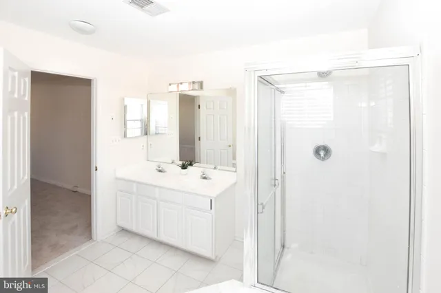 a bathroom with a shower a sink and a mirror