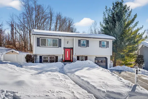 a view of a house with snow in the background