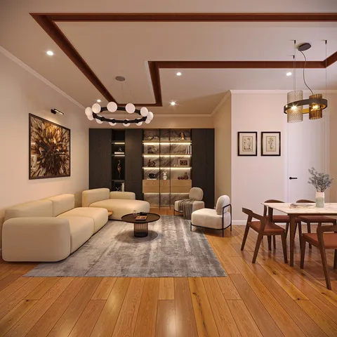 a living room with furniture and wooden floor
