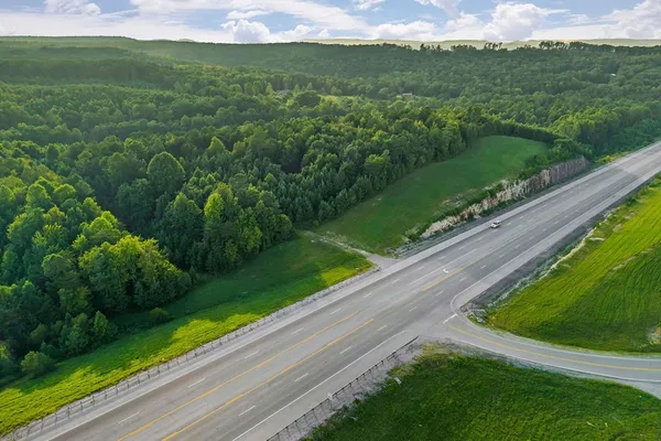 a view of a street with a small yard and large trees