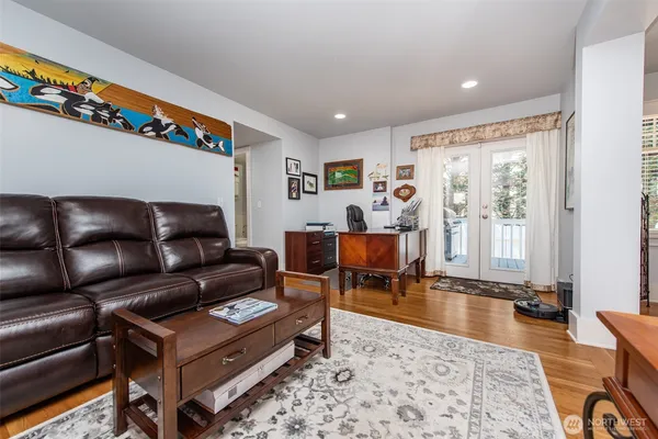a view of a dining room with furniture