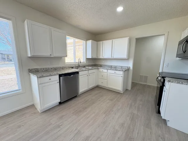 a kitchen with a white cabinets a sink a window and stainless steel appliances