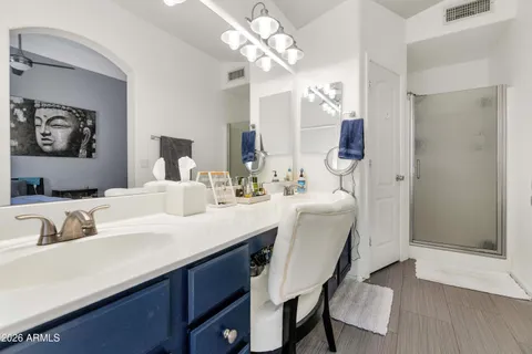 a bathroom with a sink a mirror and a shower