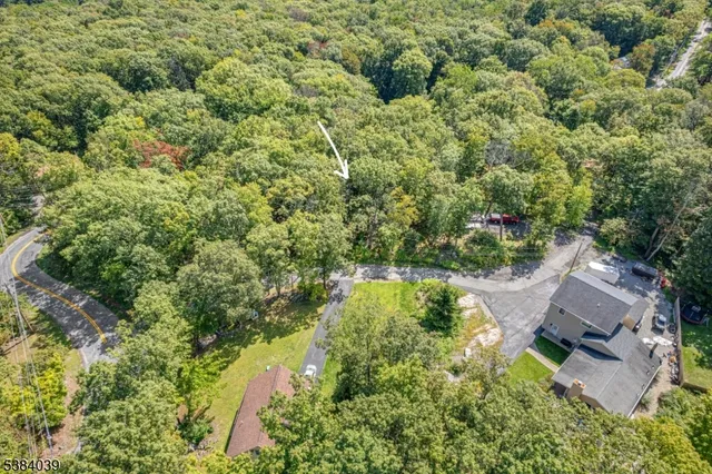 an aerial view of residential house with outdoor space and trees all around