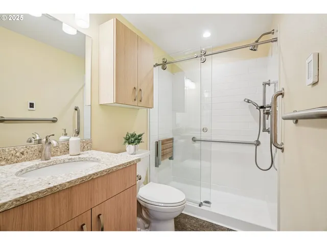 a bathroom with a sink toilet vanity and shower