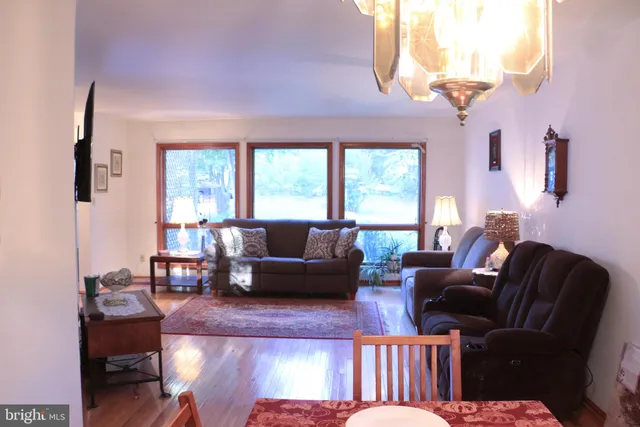 a living room with furniture plant and a large window