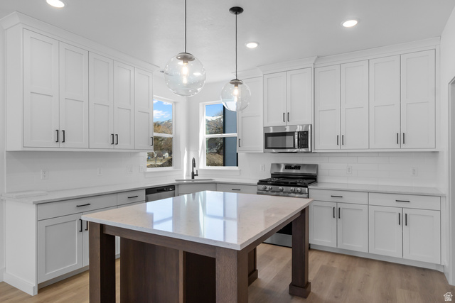 248 West 2920th Street South Logan, UT 84321 - Photo 17 of 47 Well-appointed kitchen featuring white shaker cabinetry, stainless steel appliances, a center island with a light-toned countertop, pendant lighting, and wood-finish flooring
