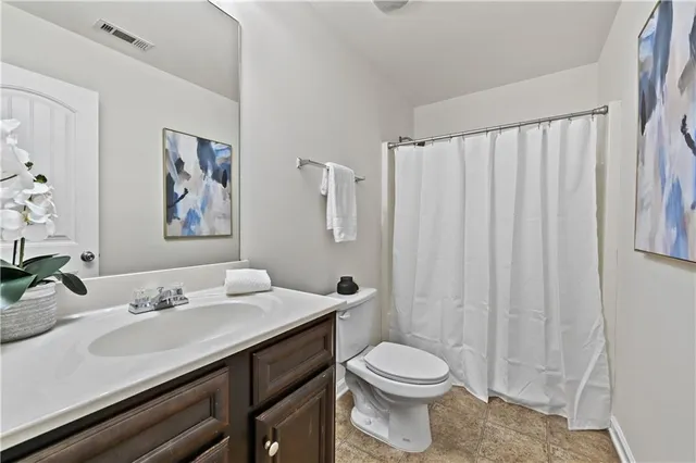 a bathroom with a sink a toilet and shower curtain