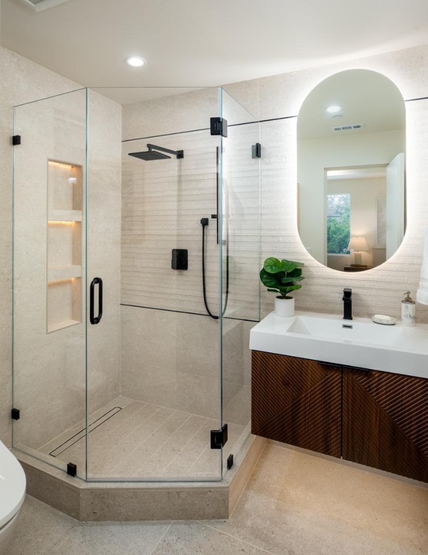 3413 Ross Road Palo Alto, CA 94303 - Photo 32 of 45 a bathroom with a shower and mirror