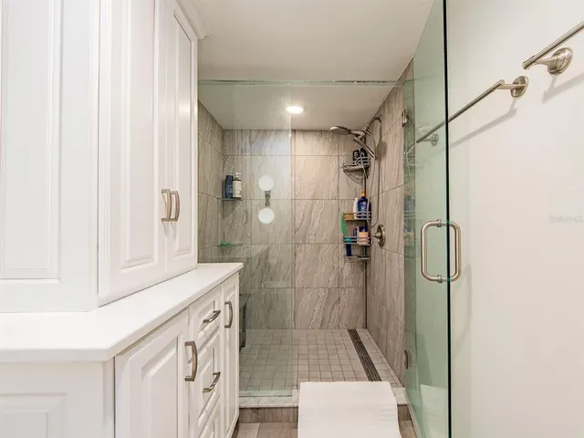 a bathroom with a shower and a sink