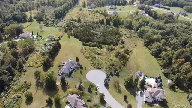 an aerial view of a house with a yard and large trees