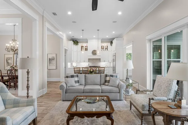 a view of a dining room with furniture wooden floor and chandelier