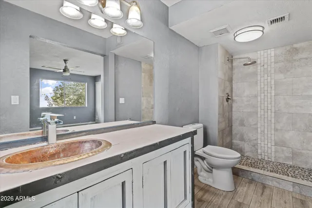 a bathroom with a sink a toilet and shower