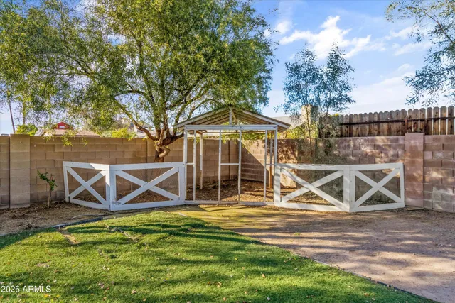 a view of a garden with a slide