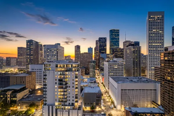 a city view with tall buildings