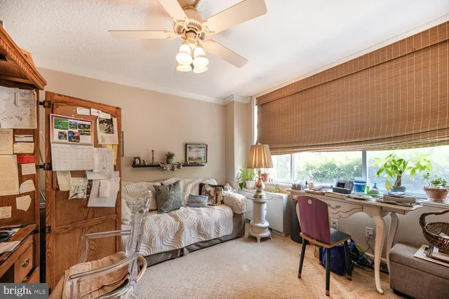 a view of a bedroom with furniture and a large window