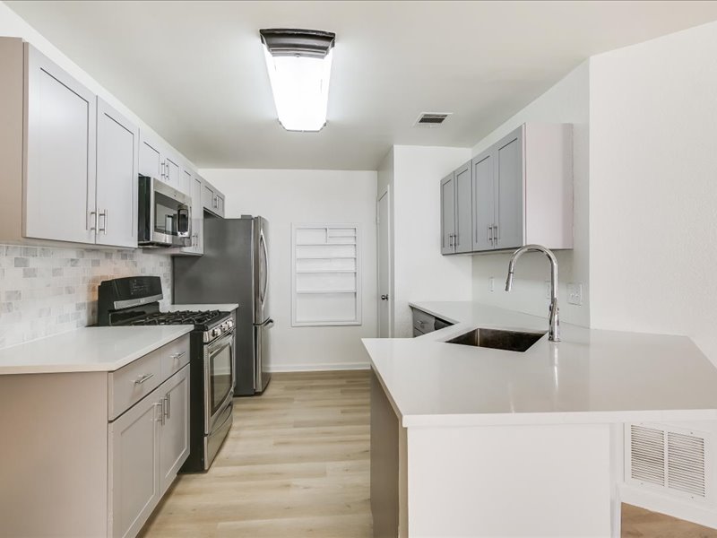 817 Smoke Signal Pass Pflugerville, TX 78660 - Photo 3 of 10 Kitchen featuring stainless steel appliances, light wood-type flooring, gray cabinets, a peninsula, and backsplash