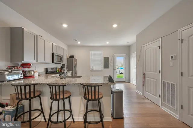 a view of a dining room with furniture
