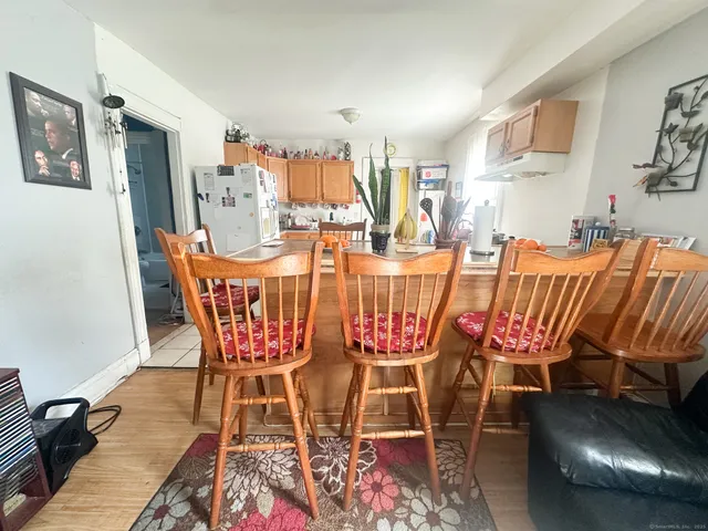 a view of a dining room with furniture