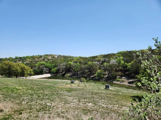 a view of a grassy field with trees in the background
