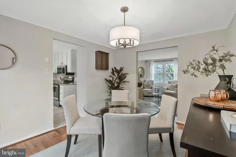 a dining room with furniture potted plants and wooden floor