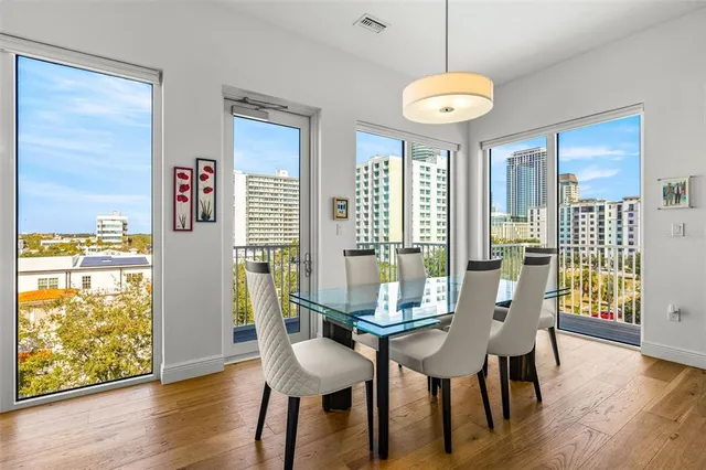 a view of a dining room with furniture window and wooden floor