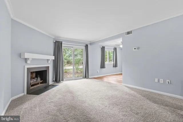 a view of empty room with window and fireplace