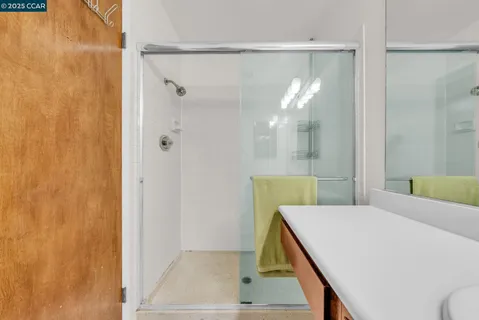 a bathroom with a shower and a sink
