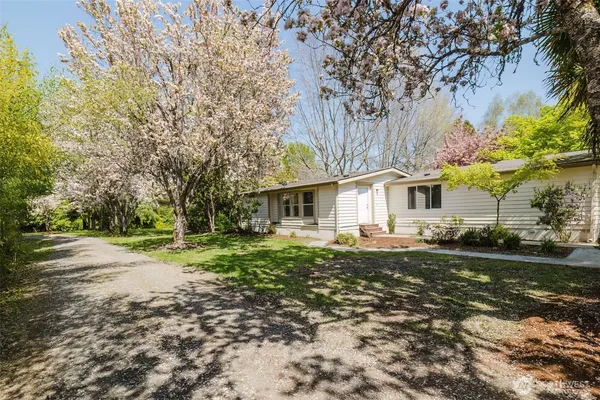 a front view of a house with a yard and trees