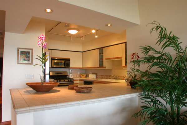 366 Papaloa Road, Unit 1C Kapaa, HI 96746 - Photo 6 of 11 a kitchen with a potted plant on the counter and cabinets