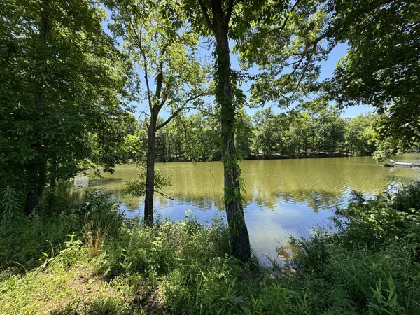 an aerial view of a house with a yard and lake view