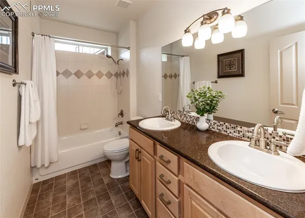 a bathroom with a double vanity sink toilet mirror and shower