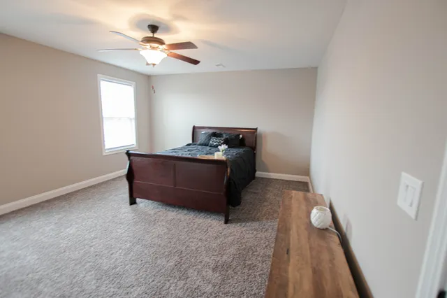 a bedroom with a bed and a ceiling fan