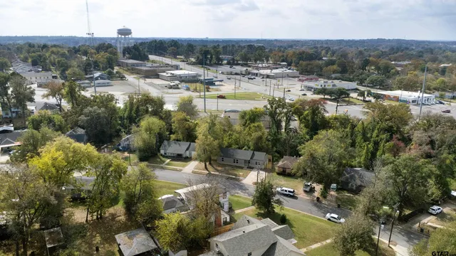 a view of a yard with street and green space