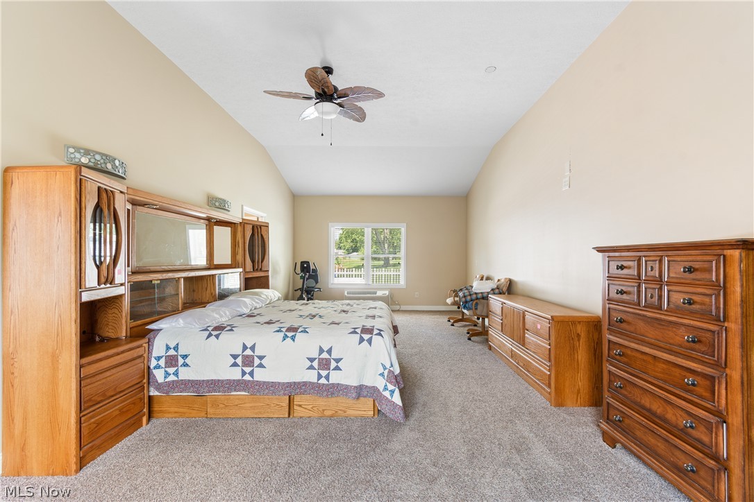 22840 Buck Road Alliance, OH 44601 - Photo 9 of 36 Bedroom with light colored carpet, ceiling fan, and lofted ceiling