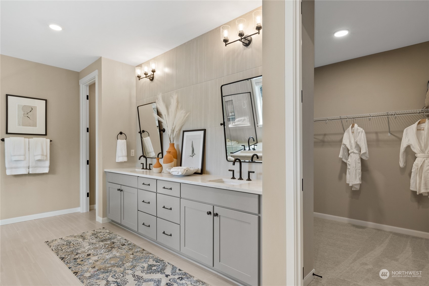 4461 Wandering Way, Unit 58 Port Orchard, WA 98367 - Photo 22 of 26 a bathroom with a double vanity sink mirror and shower