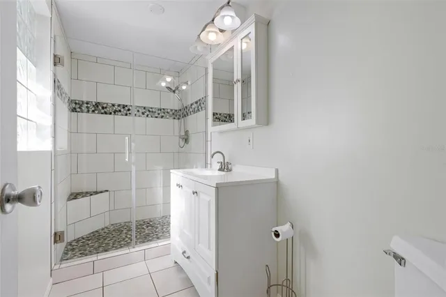 a bathroom with a sink a toilet a mirror and shower