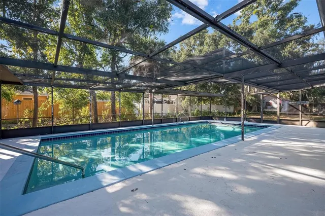 a view of backyard with a large tree
