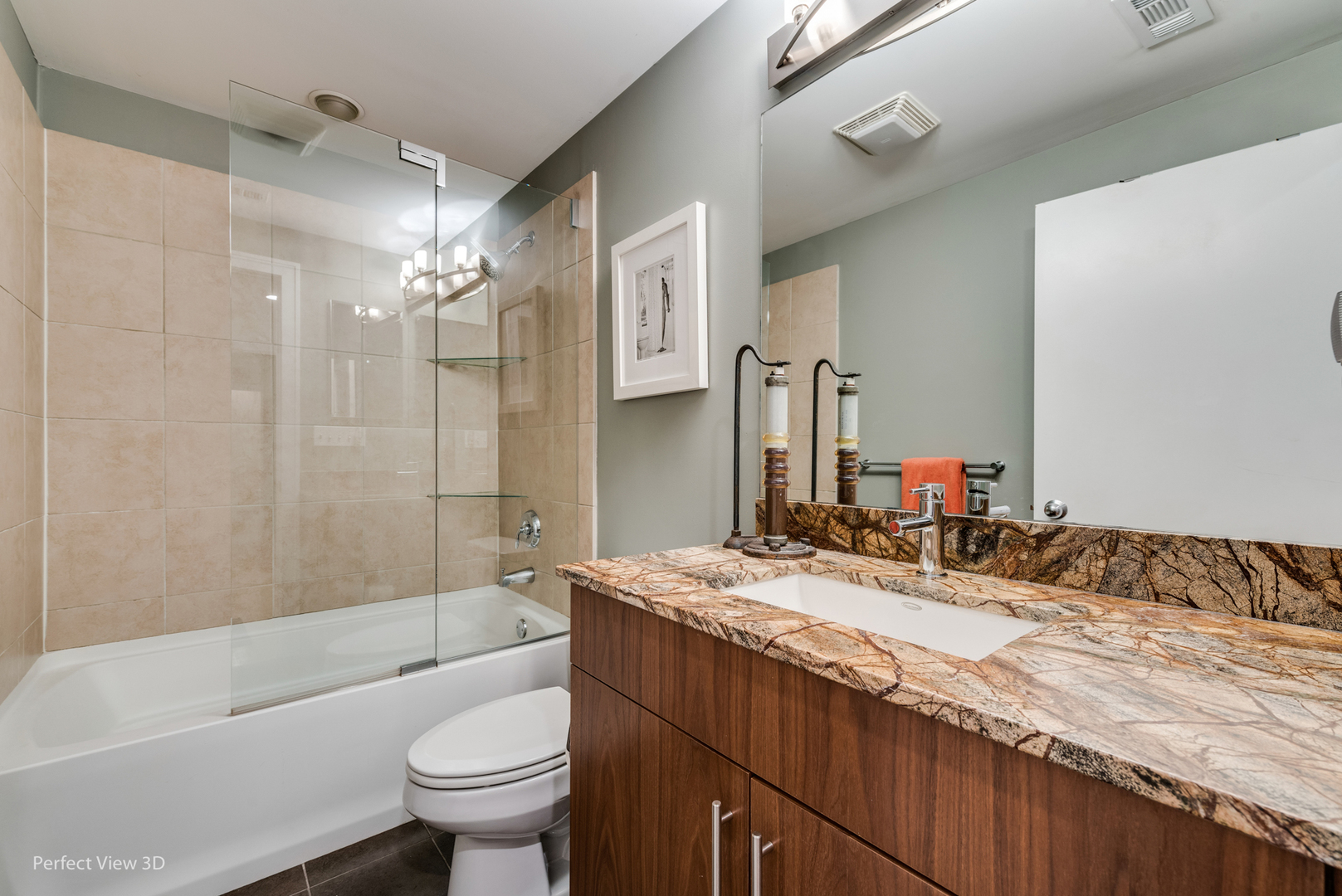 1128 West Ardmore Avenue, Unit 1 Chicago, IL 60660 - Photo 18 of 31 a bathroom with a granite countertop sink a toilet a mirror a bathtub and shower