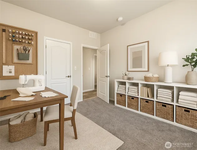 a workspace with furniture