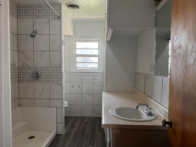 a bathroom with a sink a toilet and shower