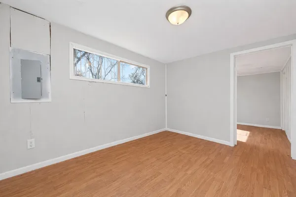 an empty room with a workspace