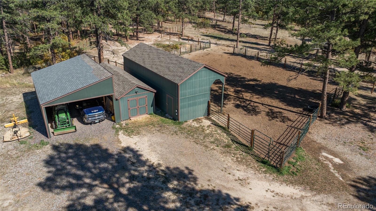 854 Russellville Road Franktown, CO 80116 - Photo 7 of 35 a view of a backyard with a barn and a fire pit