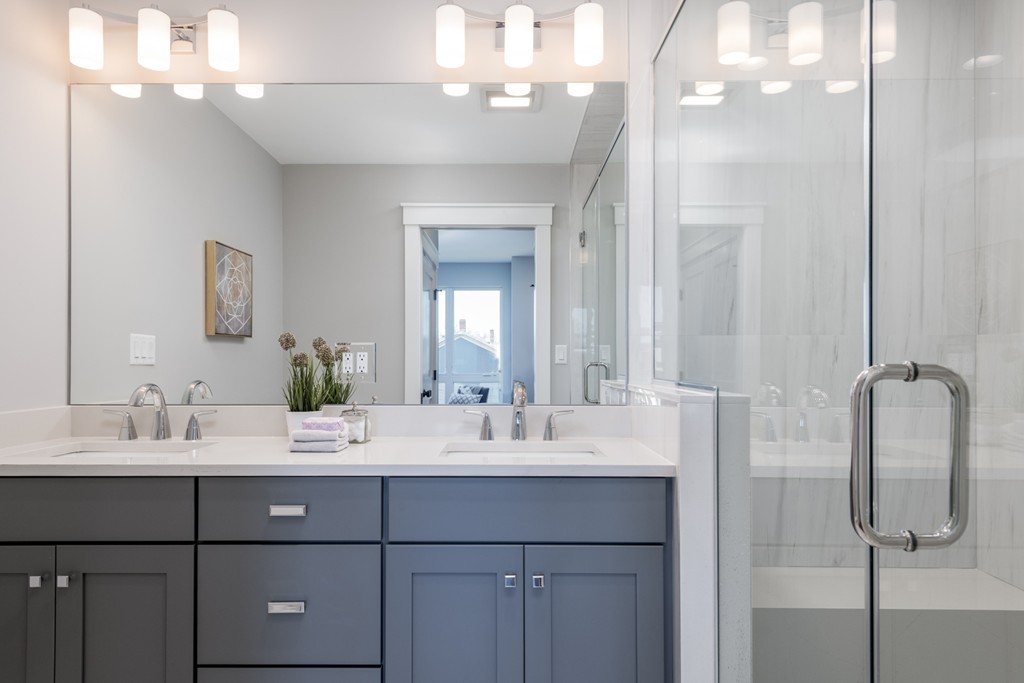 227 Cedar Street, Unit 6 Somerville, MA 02145 - Photo 14 of 25 a bathroom with a double vanity sink a mirror and shower