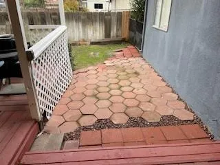 a view of a door with a bench
