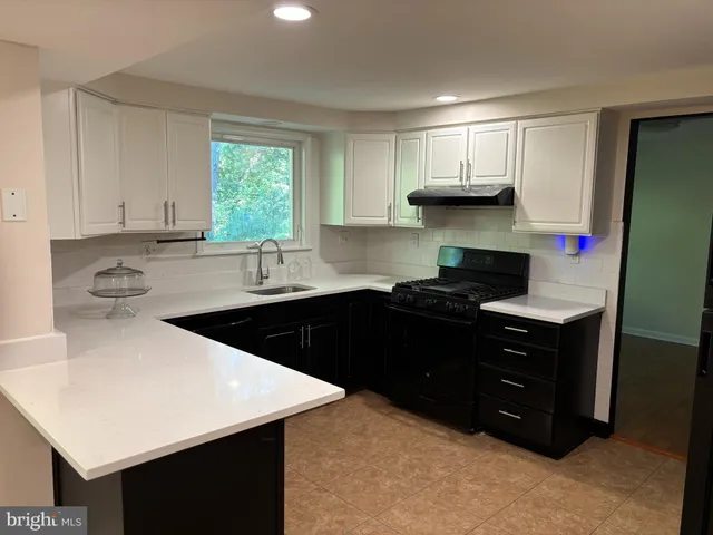 a kitchen with a sink a stove and cabinets