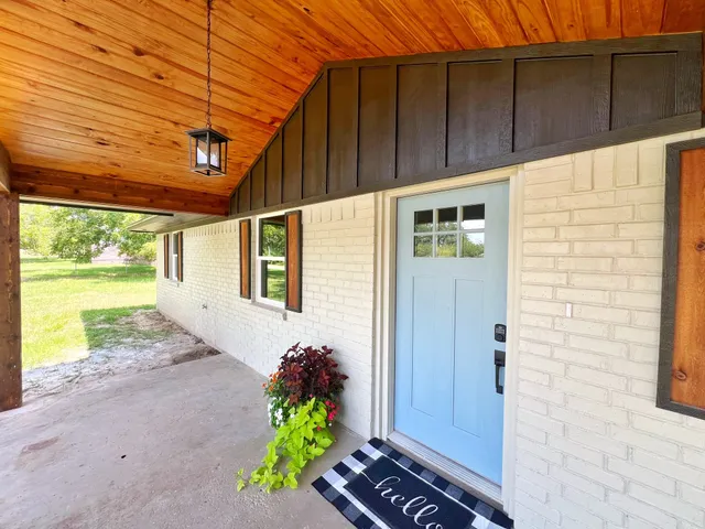 a porch with seating space