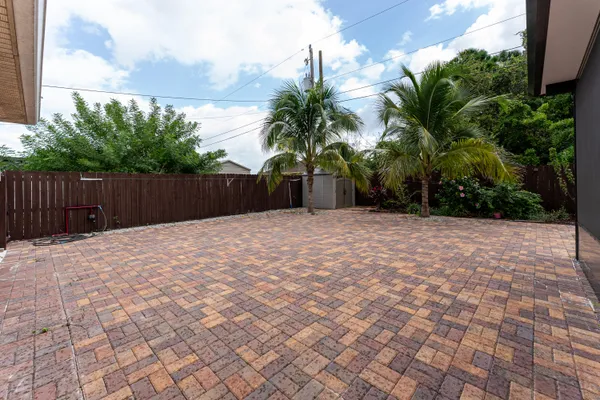 a view of backyard with potted plants and palm trees
